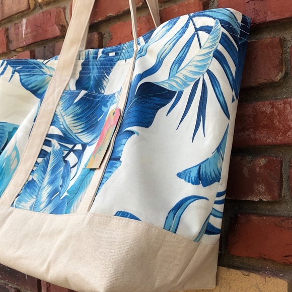 Large Tropical Palm Print Cotton Canvas Tote Bags - Picture 13 of 16